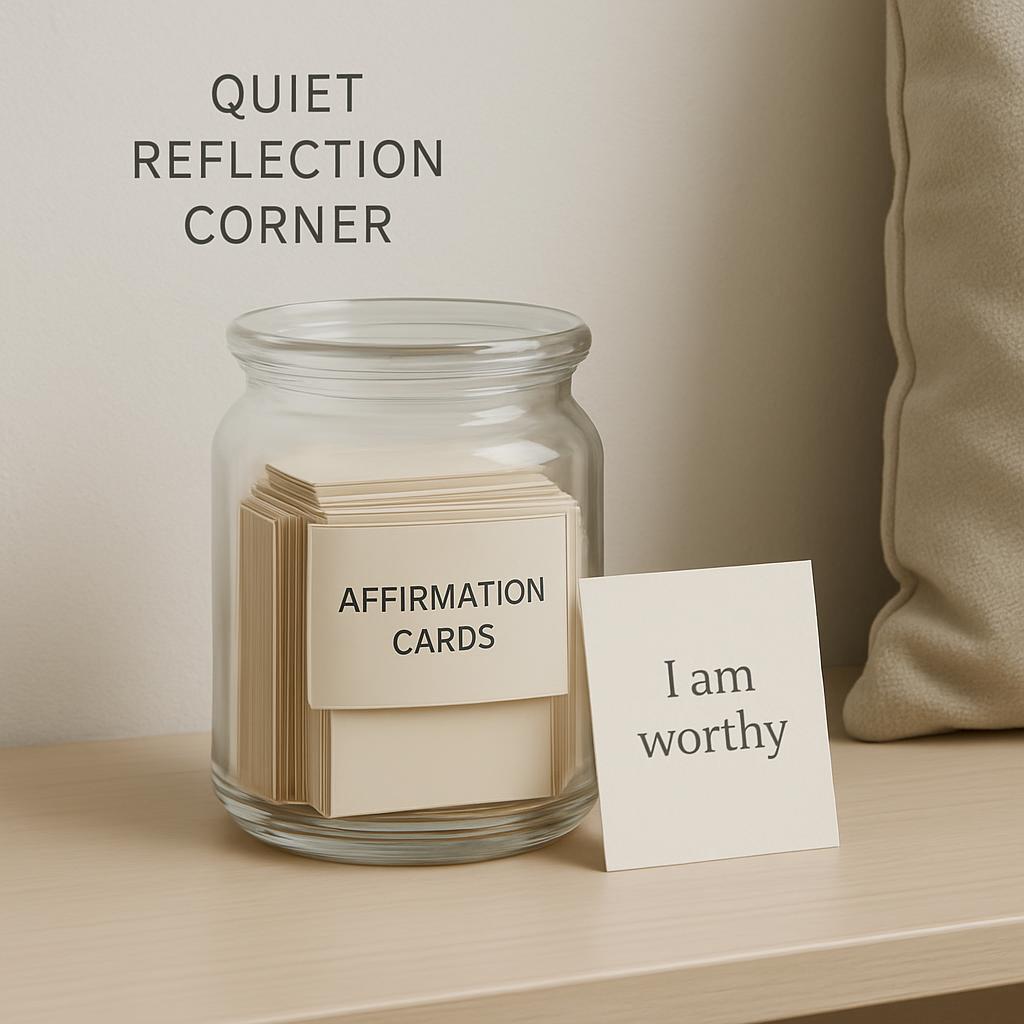a jar of affirmation cards, a small sign that says "I am worthy", on a beige table against a beige wall, with the words "Q...