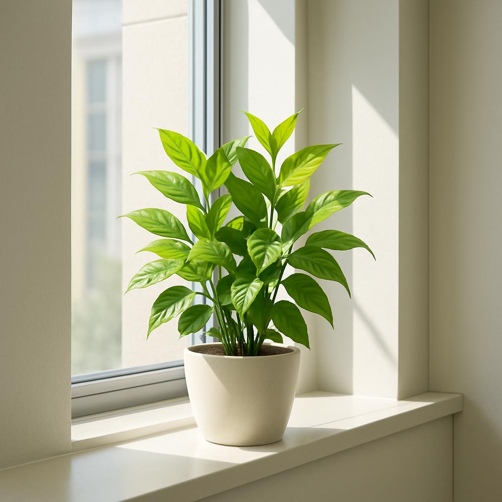 A green peace lily plant in a white pot sits on a white windowsill bathed in sunlight. In the background, a bright white b...