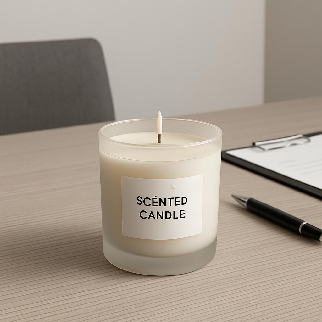 JPEG image with a grey chair, scented candle with a white label that reads "SCÉNTED CANDLE, pen and clipboard on a tan des...