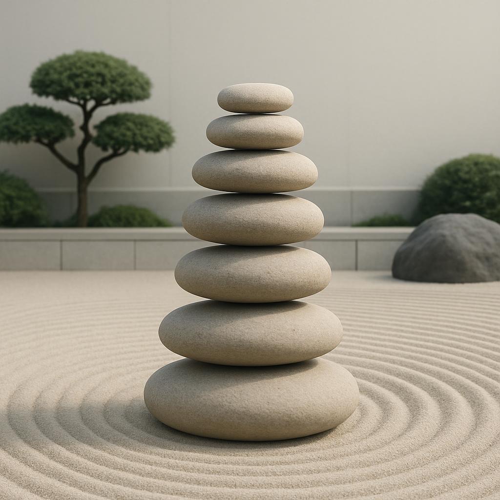 A tower of smooth, tan stones ranging in size sits surrounded by concentric rings of raked sand in the foreground of this ...