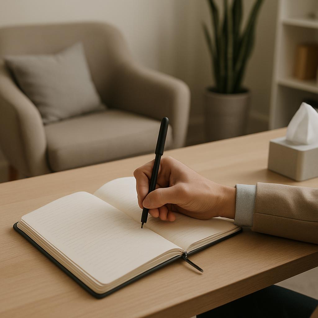 A person, wearing a tan jacket, writes in an open journal on a light wooden table in a living room setting.