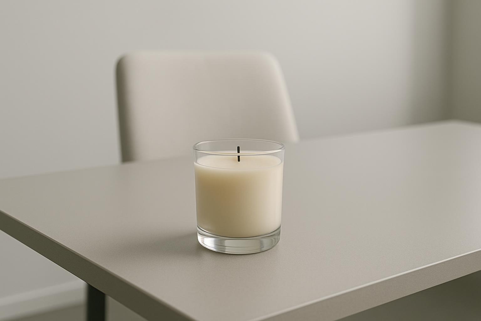 A white candle with a black wick inside a glass container sits on the edge of a table. The background is blurred and out o...