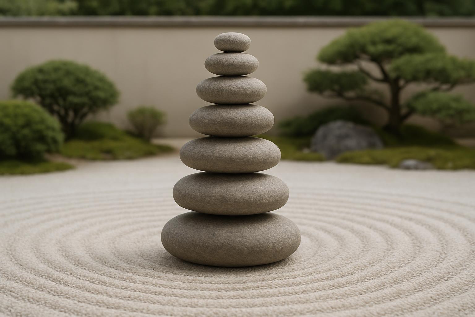 The top stone is the smallest, and the bottom stone is the largest. The stones are rounded in size and shape. The ground f...