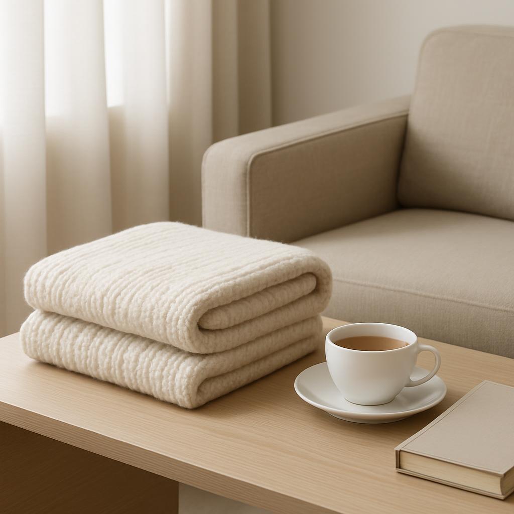 A stack of folded knit blankets sits on a light-colored wooden table next to a coffee mug and journal near the edge of a c...